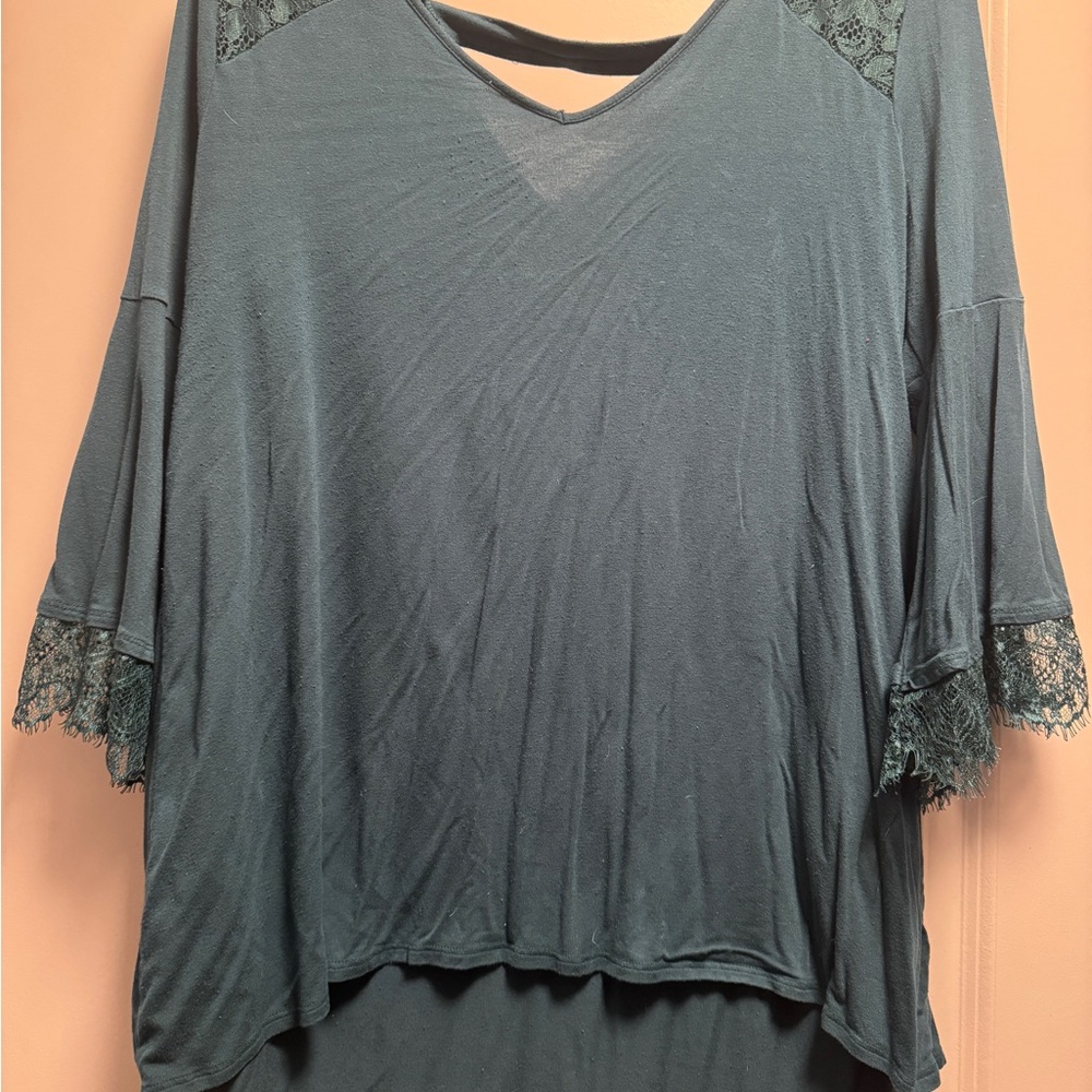Chic Teal Lace-Accent Women's Blouse